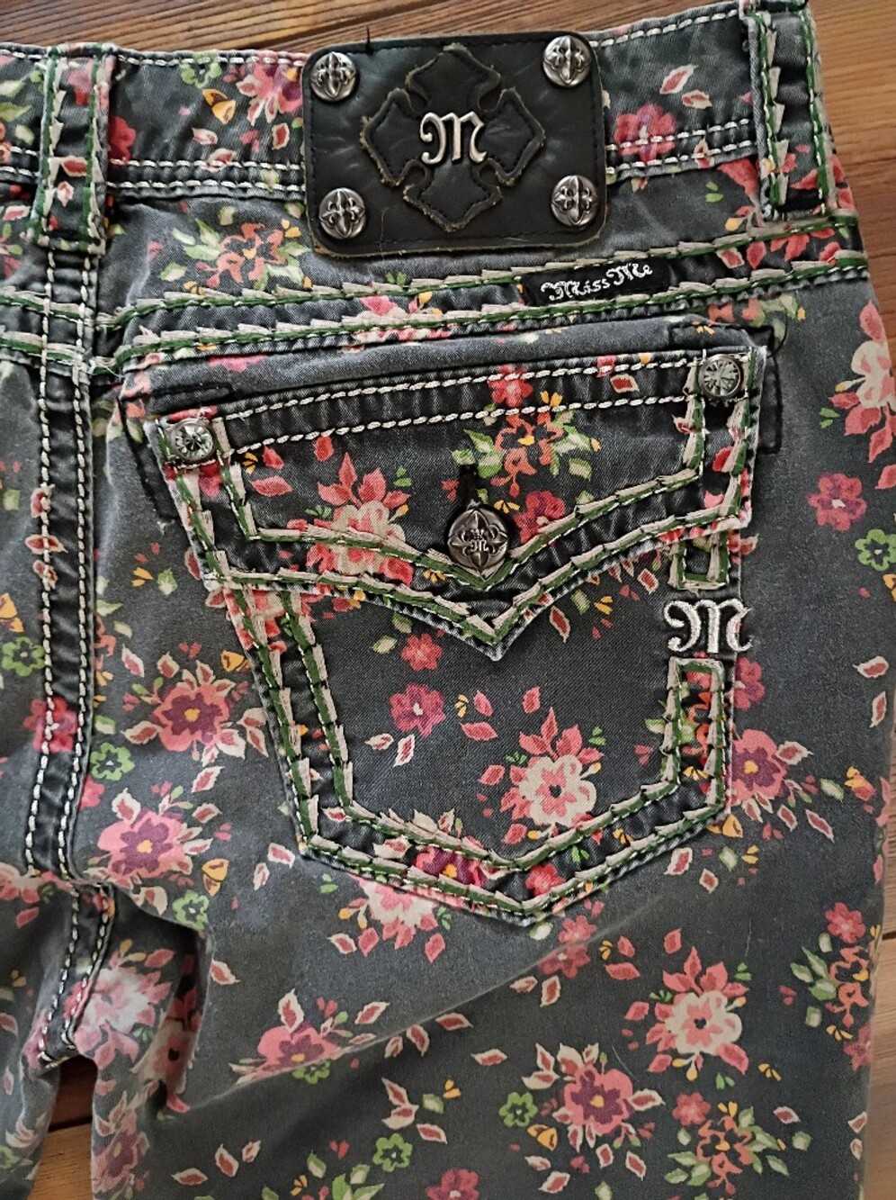 Miss Me Green Skinny Jeans with Pink Floral Print - Picture 7 of 7